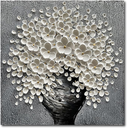 White Flower Oil Painting Modern Abstract Art Oil Painting Home Bedroom, Dining Room, Living Room, Office Wall Decoration (20x20 inches)