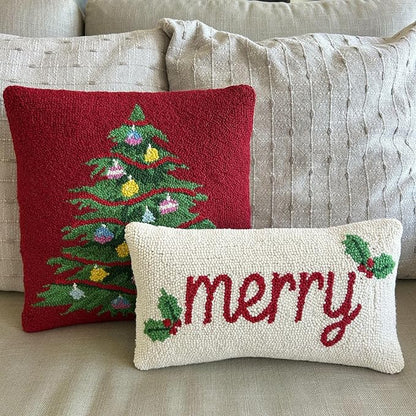 Hand Hooked Christmas Pillow - 9X16 inches Throw Pillow for Couch or Dorm (Merry)