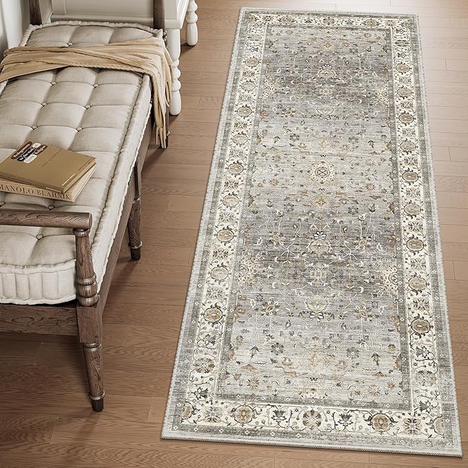 2x6 Washable Hallway Runner Rug - Kitchen Rugs with Non Slip Backing Vintage Soft Farmhouse Entryway Mat for Living Room Laundry Bedroom, Bathroom Ivory/Grey