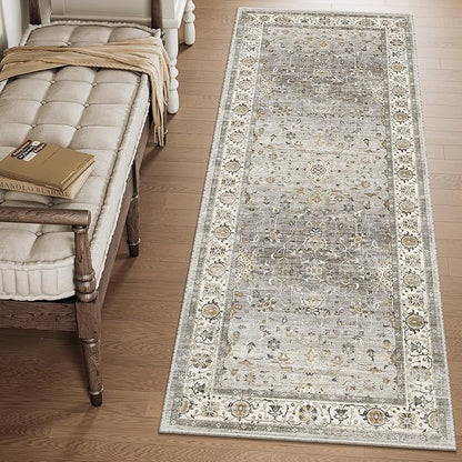 2x6 Washable Hallway Runner Rug - Kitchen Rugs with Non Slip Backing Vintage Soft Farmhouse Entryway Mat for Living Room Laundry Bedroom, Bathroom Ivory/Grey