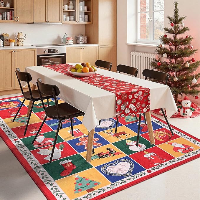 8x10 Area Rugs for Living Room, Washable Checkered Vintage Floral Carpet, Non Slip Low Pile Soft Large Geometric Rugs for Bedroom Bedside Farmhouse Dining Room Kids Nursery, Red