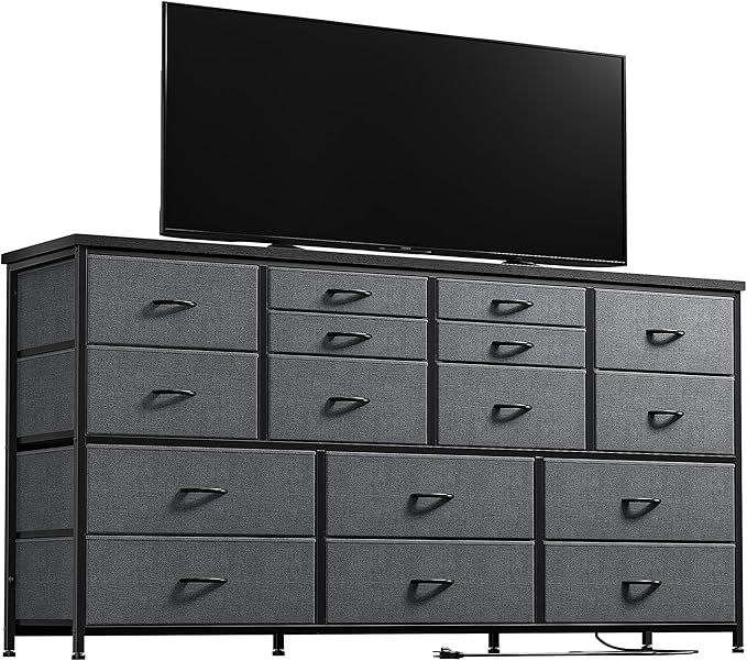 16 Drawers Long Dresser for Bedroom, 51"W Dressers with Power Outlets for 60"Inch TV for Living Room, Entertainment Center with Storage, Media TV Stand Console Table 51.1''W*11.8''D*34.8''H, Grey