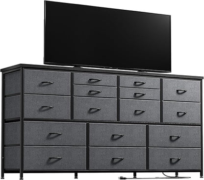 16 Drawers Long Dresser for Bedroom, 51"W Dressers with Power Outlets for 60"Inch TV for Living Room, Entertainment Center with Storage, Media TV Stand Console Table 51.1''W*11.8''D*34.8''H, Grey