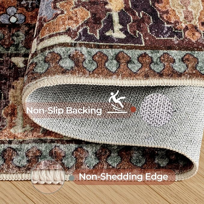 Kokia 6x9 Area Rugs for Living Room, Machine Washable Low Pile Rug, Non Slip Backing Boho Rugs for Bedroom, Printed Soft Vintage Carpet Sienna Brown 6 x 9