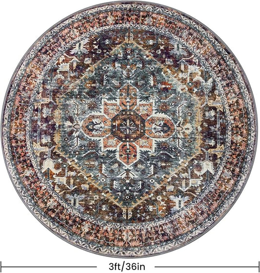 KOZYFLY Boho Round Rug 3 Ft Rugs for Entryway Washable Circle Rug Non Slip Doormat Printed Faux Wool Vintage Round Entryway Rug Floor Carpet Round for Entrance, Bedroom, Brick Red/Orange/Green