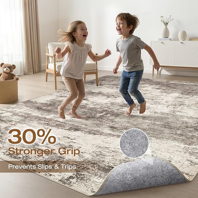 6x9 Area Rugs Living Room: Washable Large Neutral Rug Abstract Soft Modern Stain Resistant Indoor Floor Non-Slip Carpet for Bedroom Nursery Kids Office Playroom Dining Room Under Table- Mocha Brown