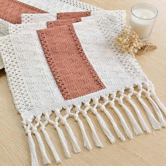 FEXIA Boho Table Runner for Summer Home Decor with Tassels 72 Inches Farmhouse Long Rustic Table Runner Macrame Burlap Centerpieces for Tables Decoration for Living Room Coral (12x72 Inches)