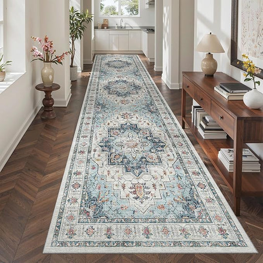 Madane 3x12 Hallway Runner Rug - Non Slip Washable 12ft Runner for Hallways Soft Vintage Kitchen Rugs Low-Pile Carpet Runner for Entryway Bathroom Thin Floor Mat for Bedroom Dining Room, Blue