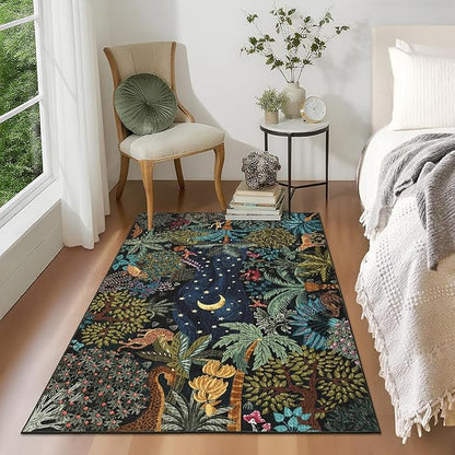 GarveeHome 3x5 Washable Area Rug for Bedroom, Jungle Animal Soft Tiger Rug Non Slip Low Pile Green Carpet Stain Resistant Throw Rug for Bedside Kids Room Office Dining Room
