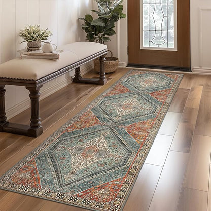 Bavni Runner Rug 2x10 Kitchen Rugs for Hallways Entryway, Washable Vintage Print Carpet, Ultra-Thin Chenille Low Pile Lightweight Rug with Non Slip Backing, Light Red/Blue