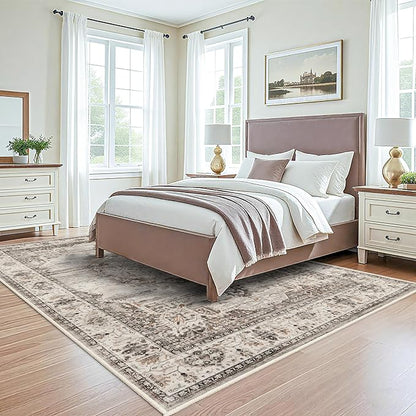 Washable Rugs 7x9 Area Rug：Large Rugs for Living Room - Oriential Distressed Printed Floral Carpet - Non Slip with Rubber Backing Area Rug 7'x9' Beige