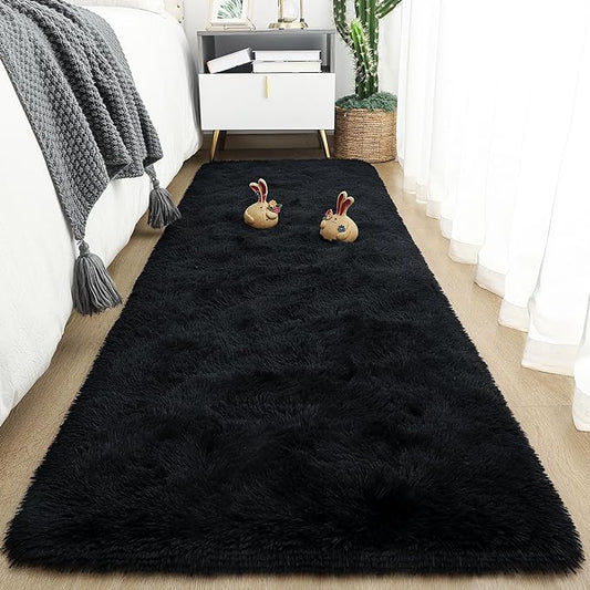 Tepook Soft Runner Rugs for Bedroom 2x6 ft with Rubber Backing, Black Fluffy Rugs for Living Room, Shag Bedside Rug Fuzzy Plush Carpet for Room, Area Rug for Dorm Nursery Hallway Indoor Home Decor