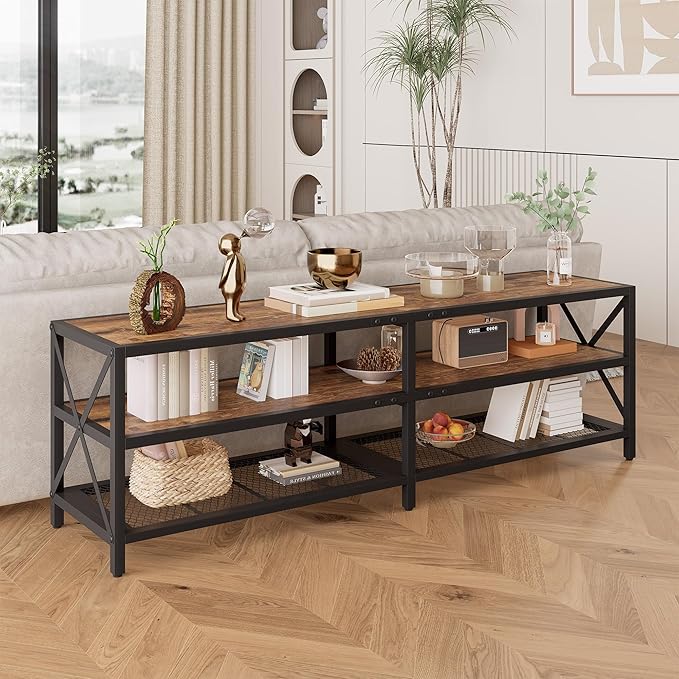 Bigbiglife TV Stand for TVs Up to 75 Inches, Industrial Entertainment Center with 3 Tier Open Shelves, TV Console Table for Living Room, Bedroom, Rustic Brown (75 inch)