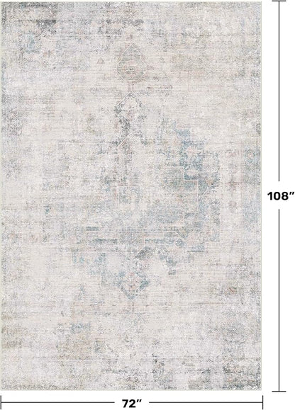 Hazo Haus Washable 6x9 Bedroom Rug - Blue Grey Modern Rug for Living Room, Dining Room Table, Non Slip Soft Faded Print Mat