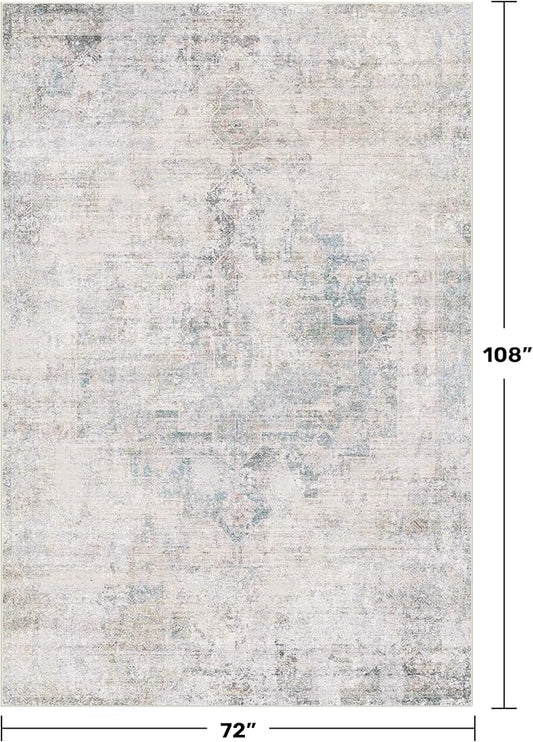 Hazo Haus Washable 6x9 Bedroom Rug - Blue Grey Modern Rug for Living Room, Dining Room Table, Non Slip Soft Faded Print Mat