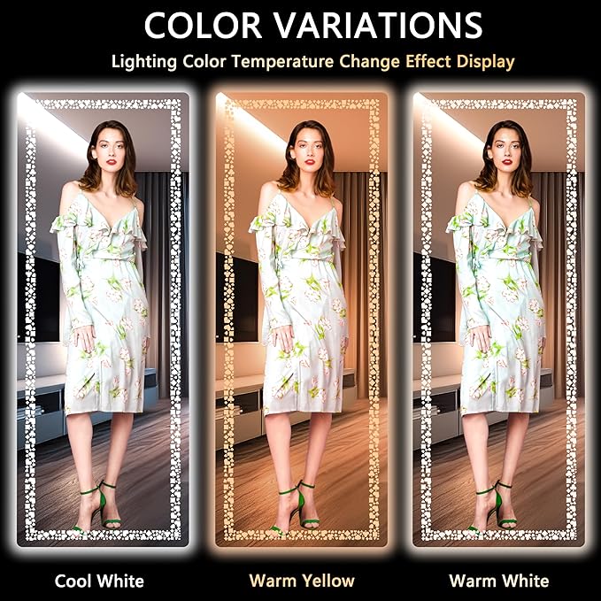 Hasipu 57” x 16" Full Length Mirror with LED Lights, Full Body Mirror for Vanity, Dressing Room, LED Free Standing Floor Mirror, Wall Mounted Mirror Dimming & 3 Color Modes (White-57 * 16)