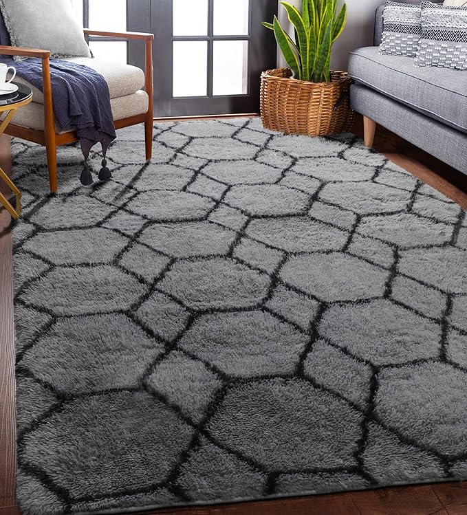 ONASAR 5x7 Area Rugs for Living Room Bedroom, Fluffy Grey and Black Throw Rug, Geometric Boho Soft Plush Shaggy Floor Carpet for Nursery Kids Girls Boys Teen Dorm Home Decor Aesthetic