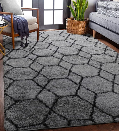 ONASAR 5x7 Area Rugs for Living Room Bedroom, Fluffy Grey and Black Throw Rug, Geometric Boho Soft Plush Shaggy Floor Carpet for Nursery Kids Girls Boys Teen Dorm Home Decor Aesthetic