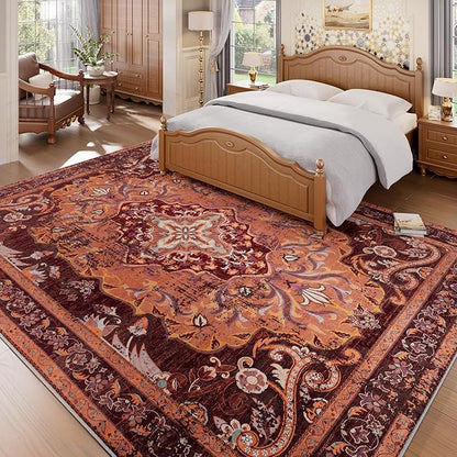 RUSHUFFY 8x10 Washable Rug for Living Room, Non-Slip Large Boho Vintage Print Pattern Carpet for Bedroom Dorm Dining Room Farmhouse Nursery Home Office, Orange & Red