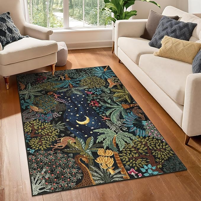GarveeHome 3x5 Washable Area Rug for Bedroom, Jungle Animal Soft Tiger Rug Non Slip Low Pile Green Carpet Stain Resistant Throw Rug for Bedside Kids Room Office Dining Room