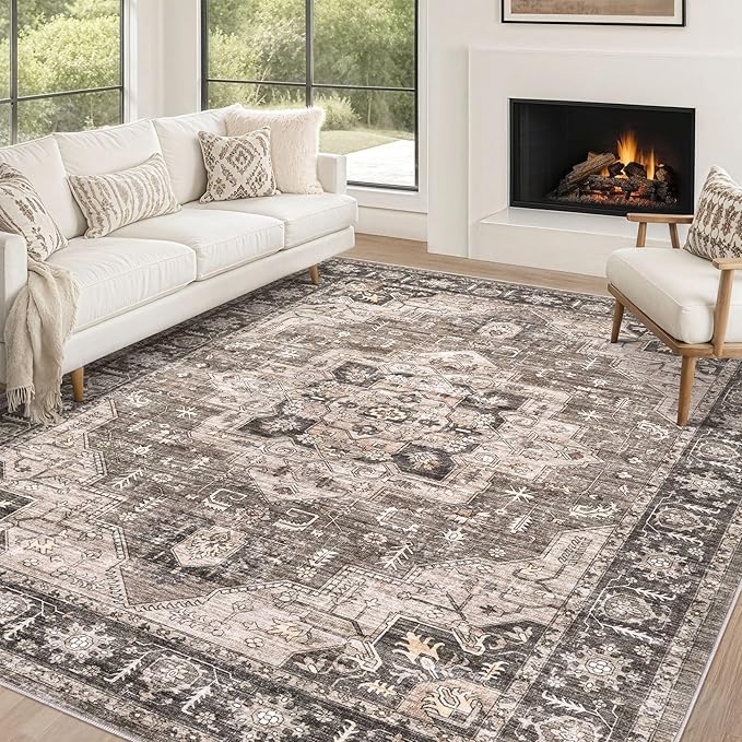 Area Rug 10x12 Washable Vintage - Soft Traditional Rugs for Living Room Large Non Slip Backing with Low Pile Farmhouse Oriental Retro Carpet for Bedroom Dining Room or Home Office - Dark Brown