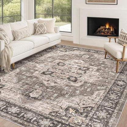 Area Rug 10x12 Washable Vintage - Soft Traditional Rugs for Living Room Large Non Slip Backing with Low Pile Farmhouse Oriental Retro Carpet for Bedroom Dining Room or Home Office - Dark Brown