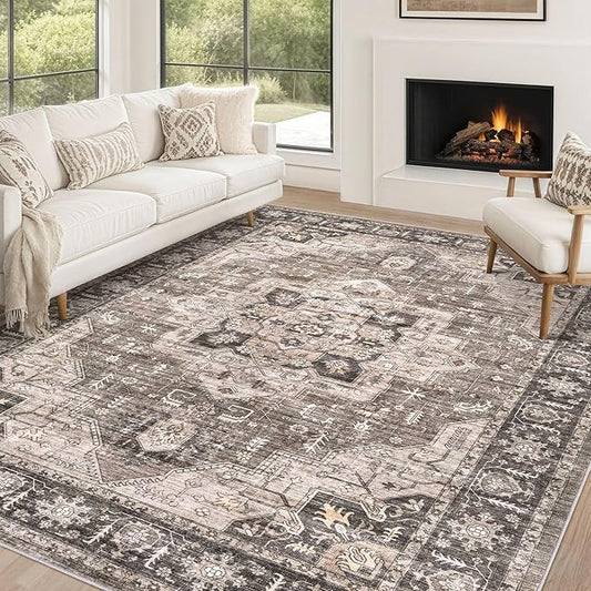 Area Rug 10x12 Washable Vintage - Soft Traditional Rugs for Living Room Large Non Slip Backing with Low Pile Farmhouse Oriental Retro Carpet for Bedroom Dining Room or Home Office - Dark Brown