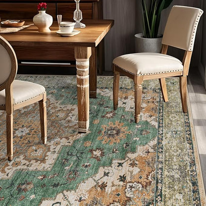 Area Rug 5x7 Vintage Rug: Washable Indoor Medallion Rugs Low Pile Distressed Floor Carpet Retro Accent Rug for Living Room Bedroom Kitchen Dining Table Home Office(Brown Green, 5'x7')
