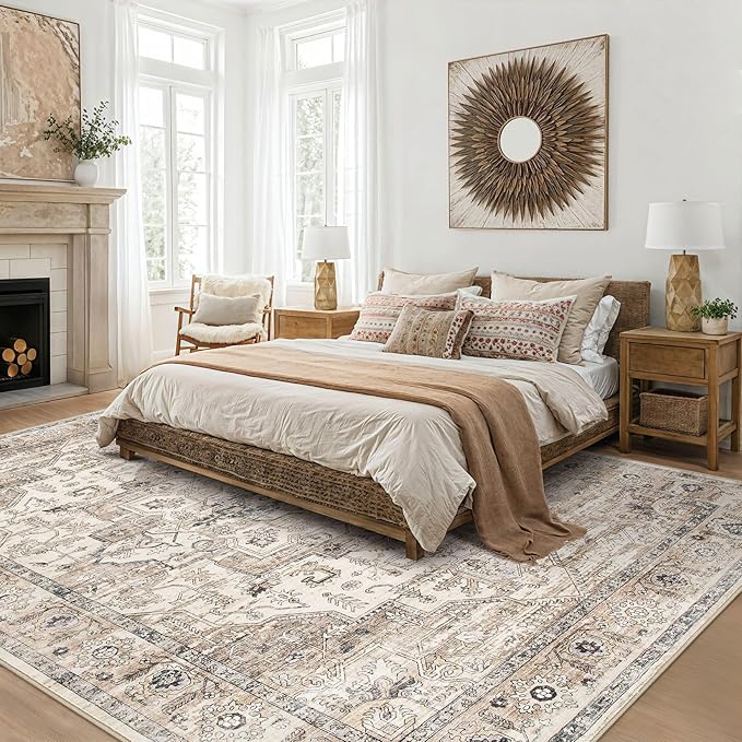 Area Rug 5x8 Washable Vintage - Soft Traditional Rugs for Living Room Large Non Slip Backing with Low Pile Farmhouse Oriental Retro Carpet for Bedroom Dining Room or Home Office - Tea Brown