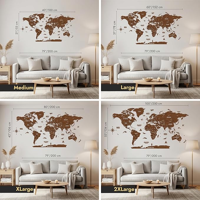 Colorfull Worlds, Multilayer 3D Wooden World Map, Travel Map States and Capitals, Wall Decor For New House, Gift For Travelers, Office Decor, Birthday Present, Living Room Decoration (2XL,Light Brown)