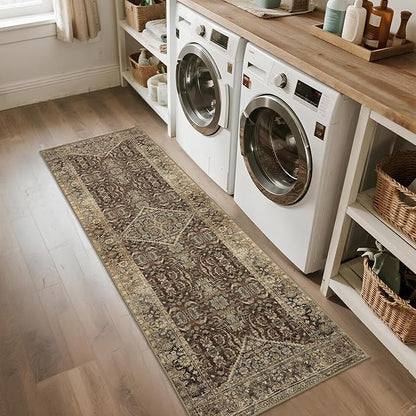 Non-Slip Runner Rugs for Hallway: 2x6 Washable Long Rug for Entryway Kitchen Bathroom Bedroom Indoor - Vintage Home Decor Mat Carpet - Oriental Dark Brown