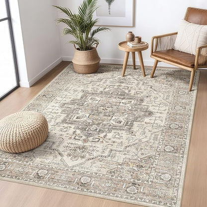 Area Rug 7x9 Washable Vintage - Soft Traditional Rugs for Living Room Large Non Slip Backing with Low Pile Farmhouse Oriental Retro Carpet for Bedroom Dining Room or Home Office - Light Brown