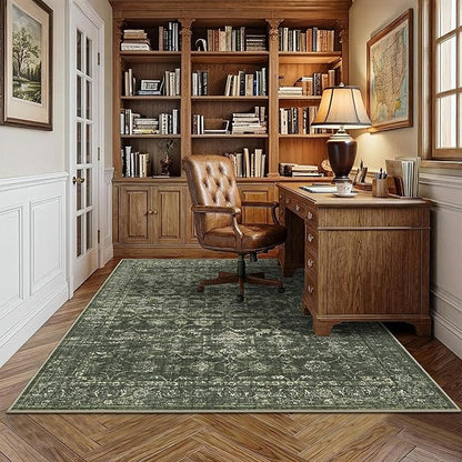 4x5 Green Washable Area Rugs for Living Room Vintage Boho Non Slip Rug Distressed Floral Carpet Indoor Retro Soft Low Pile Farmhouse Throw Rug for Bedroom Dining Room Nursery Office