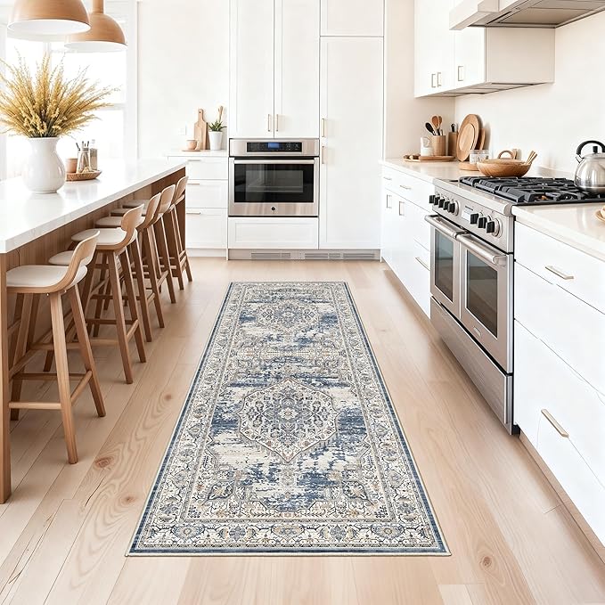 Washable Hallway Runner Rugs 2x6: Soft Ultra Thin Low Pile Carpet Machine Washable Indoor Lightweight Rug Runner Anti Slip Backing Rugs for Living Room Bedroom Kitchen 2'x6' Blue
