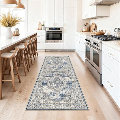 Washable Hallway Runner Rugs 2x6: Soft Ultra Thin Low Pile Carpet Machine Washable Indoor Lightweight Rug Runner Anti Slip Backing Rugs for Living Room Bedroom Kitchen 2'x6' Blue