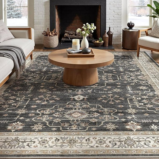 Area Rug for Living Room - 10x12 Soft Washable Oriental Vintage Floral Distressed Large Carpet - Fade Stain Resistant Non Slip Rugs for Bedroom Dining Room Nursery Dorm Office Home Decor - Black