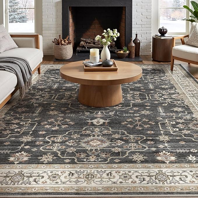 Area Rug for Living Room - 10x14 Soft Washable Oriental Vintage Floral Distressed Large Carpet - Fade Stain Resistant Non Slip Rugs for Bedroom Dining Room Nursery Dorm Office Home Decor - Black