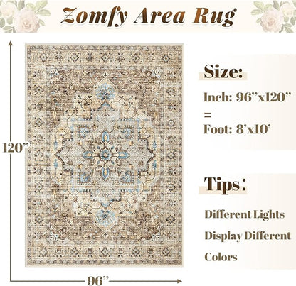 Area Rug 8x10 Vintage Rug: Large Washable Indoor Medallion Rugs Low Pile Distressed Floor Carpet Retro Accent Rug for Living Room Bedroom Kitchen Dining Table Home Office(Brown/Blue, 8'x10')
