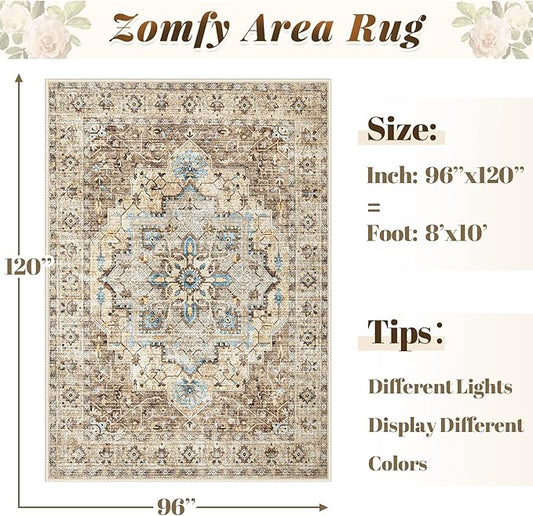 Area Rug 8x10 Vintage Rug: Large Washable Indoor Medallion Rugs Low Pile Distressed Floor Carpet Retro Accent Rug for Living Room Bedroom Kitchen Dining Table Home Office(Brown/Blue, 8'x10')