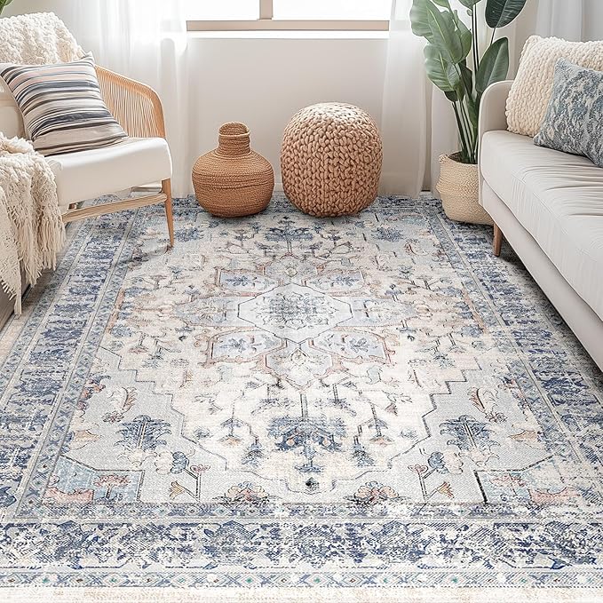 BESTSWEETIE 3x5 Area Rug Washable Rugs for Living Room, No Pile Boho Carpet for Entryway Bedroom Dinning Room, Vintage Carpet Print Distressed Non-Slip, 3 x 5 ft, Beige Blue