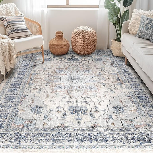 BESTSWEETIE 4x6 Area Rug Washable Rugs for Living Room, No Pile Boho Carpet for Entryway Bedroom Dinning Room, Vintage Carpet Print Distressed Non-Slip, 4 x 6 ft, Beige Blue