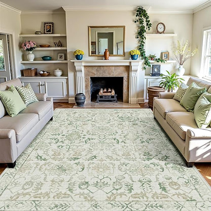 Deerly Green Area Rugs 9x12 for Living Room Soft Non-Slip, Large Bedroom Rug Vintage Dining Room Rug Tribal Farmhouse Carpet for Dining Room Office Green