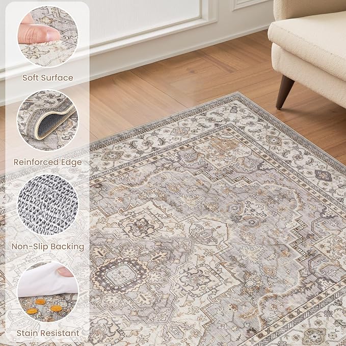 EIEIHOUSE Washable Area Rugs for Living Room - 8x10 Neutral Vintage Distressed Floral Farmhouse Boho Large Soft Floor Rug Indoor Non Slip Carpet for Bedroom Dining Room Office - Grey Brown