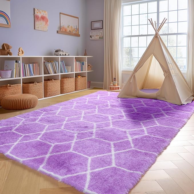 ONASAR Area Rugs for Bedroom Living Room, 4x6 Fluffy Purple and White Throw Rug, Boho Geometric Soft Shaggy Fuzzy Plush Indoor Floor Carpet for Kids Teen Nursery Dorm Home Decor Aesthetic
