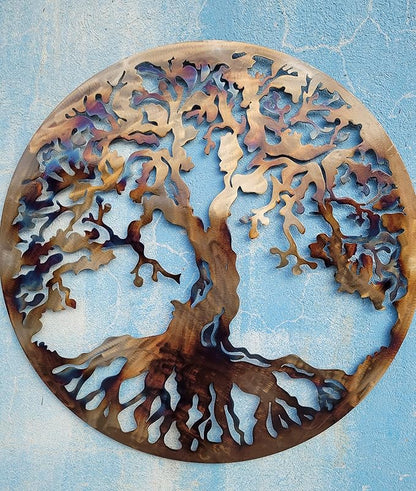36” Tree of Life Metal Wall Art – Large Round Statement Wall Decor for Living Room Above Couch – Premium Laser-Cut Steel, Vibrant Heat Color Finish