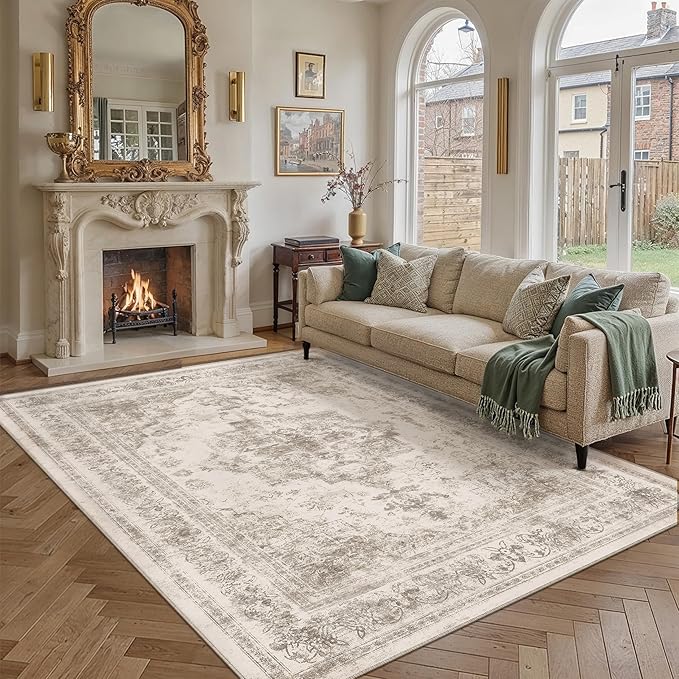PureCozy Area Rug 8x10 Beige Washable Living Room Carpet Non Slip Vintage Medallion Indoor Bedroom Carpet Low Pile Soft Retro Distressed Large Rug Home Office Dining Room Playroom