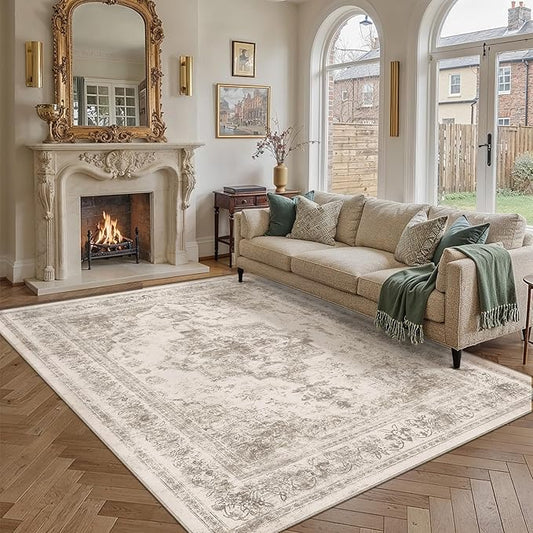 PureCozy Area Rug 6x9 Beige Washable Living Room Carpet Non Slip Vintage Medallion Indoor Bedroom Carpet Low Pile Soft Retro Distressed Large Rug Home Office Dining Room Playroom