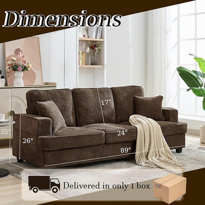 Korser Modern 89" Couches for Living Room, 3-Seater Chenile Couch Sofa with Armrest Deep Seats, Comfortable Mid-Century Sofas for Living Room Bedroom Office Apartment Lounge, Brown