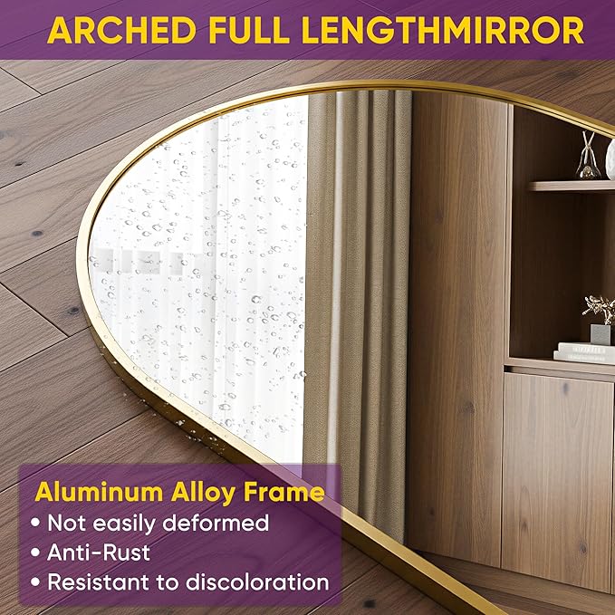 Full Length Mirror, Arched Floor Mirror Freestanding, Floor Standing Full Body Mirror with Stand for Bedroom, Hanging Mounted for Living Room Cloakroom