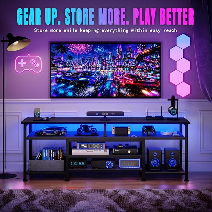 Korfile TV Stand for 60/65/70 inch TV, 63 in Gaming Entertainment Center with LED Lights and Power Outlets, TV Console Table with Open Shelves for Living Room and Bedroom, Black